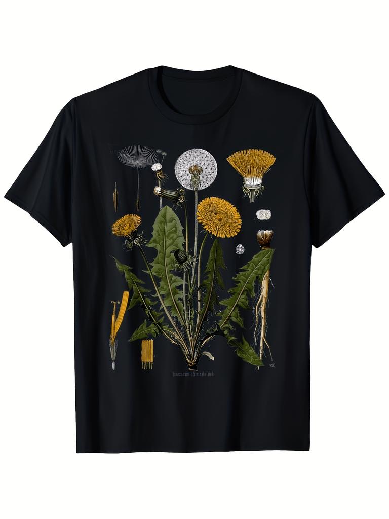 Men's Vintage Dandelion Botanical Print T Shirt Short Sleeve Crew Neck Casual Style Nature Inspired