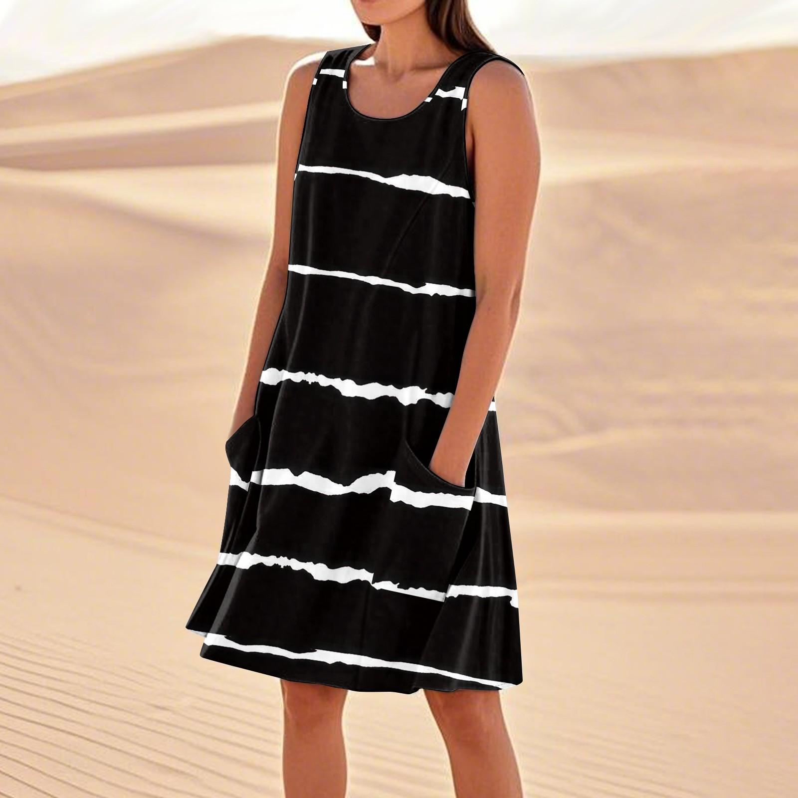 

Летние платья для женщин, свободные пляжные повседневные сарафаны без рукавов с карманами, платье-майка L чёрный