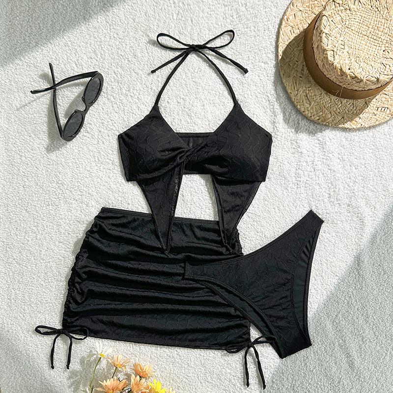 

New Sexy Fashion Lady 3 Piece Skirt Bikini Set Women Tied Halter Swimsuit Solid Backless Swimwear Summer Beach Bathing Suit S чёрный