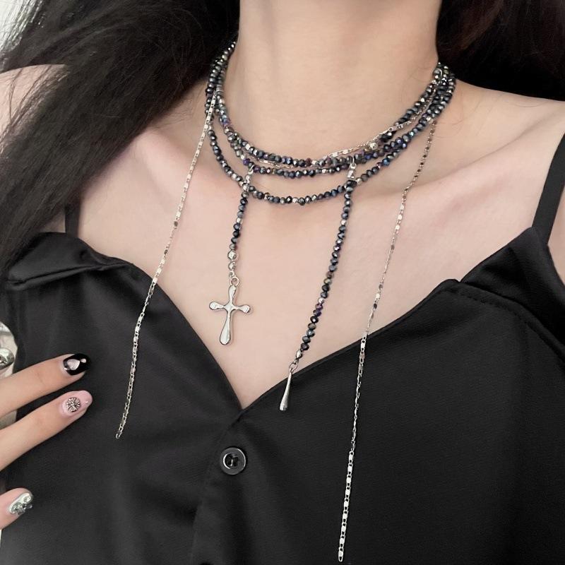Glass beaded fringed cross multi-layer necklace stacked with high-end exaggerated collarbone chain personalized niche items