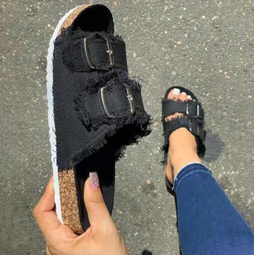 Summer Unique New Casual Denim Solid Color Canvas Buckle with Two Words with Flat Slippers P724