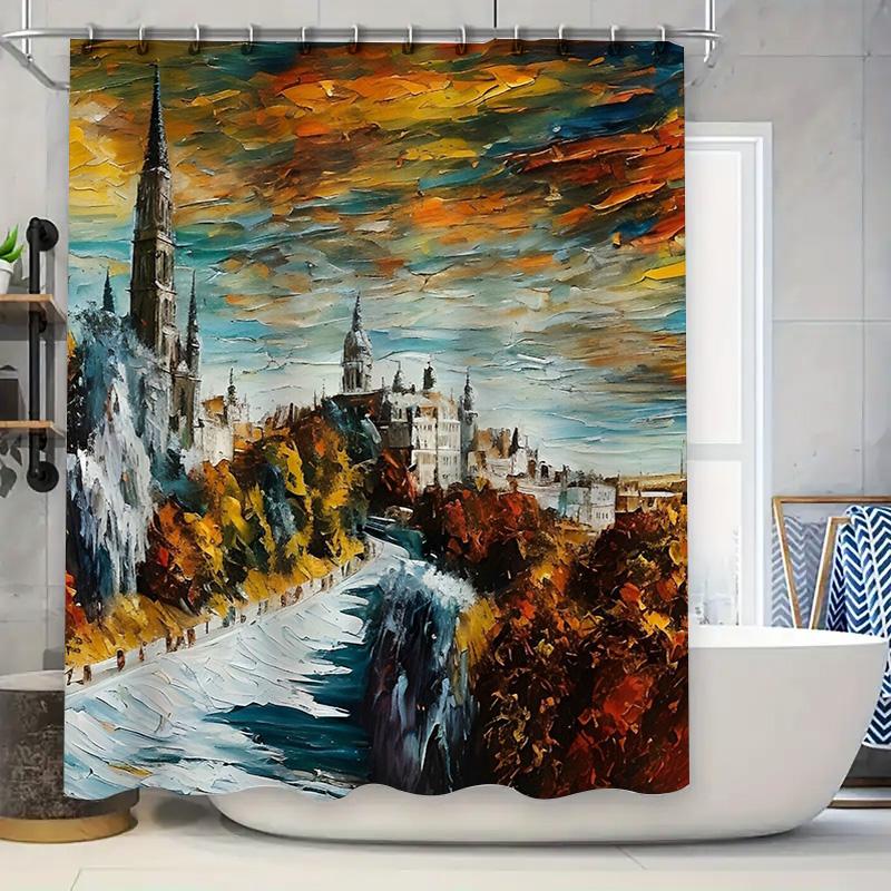 

Vintage Cityscape Shower Curtain European Medieval Town Landscape Tapestry Bathroom Decor Artistic Wall Hanging Backdrop W60H190(CM)-1 Pcs