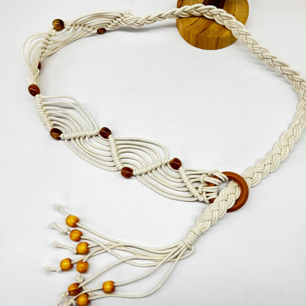 New Bohemian Ethnic Style Cotton Linen Waistband with Wood Bead and Tassel Accessories