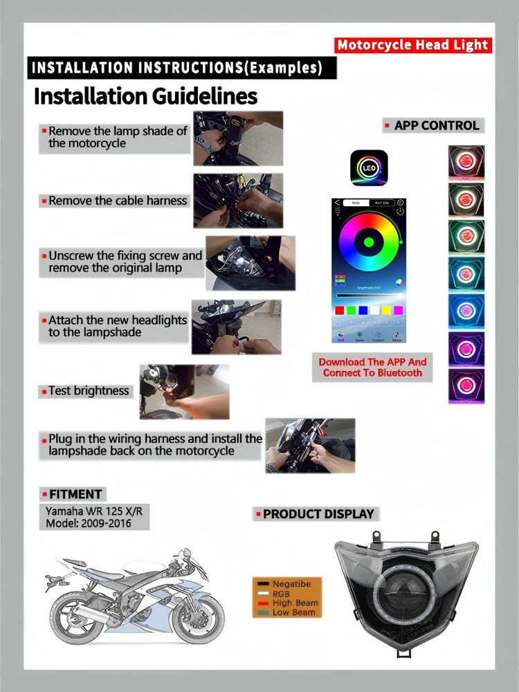 Motorcycle Angel Eye RGB Headlight Wick LED App Control For Yamaha WR 125 X R WR125 X/R  2009–2016 Motocross Modified HeadLamp