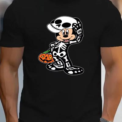 Herren T-Shirts Lizenzierter Cartoon Mickey Halloween Kürbisdruck Rundhalsausschnitt Kurzarm Leichter Stretch Baumwollstrick T-Shirts