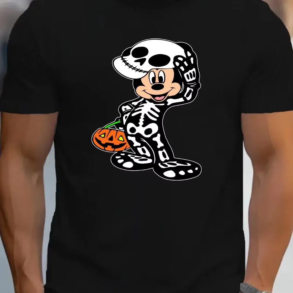 Men T Shirts Licensed Cartoon Mickey Halloween Pumpkin Print Crew Neck Short Sleeve Slight Stretch Cotton Knit T-Shirts