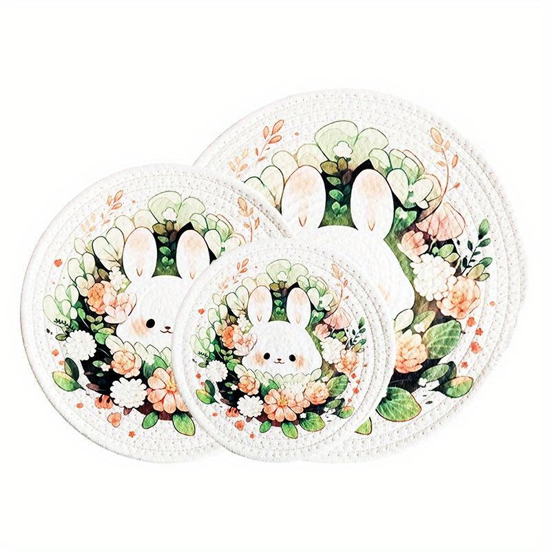 3pcs Green Rabbit Round Thermal Insulation, Kitchen Accessories,Pad Retro Home Dining Pad Thermal Insulation Pot Pad Cute Cotton Tray Pad