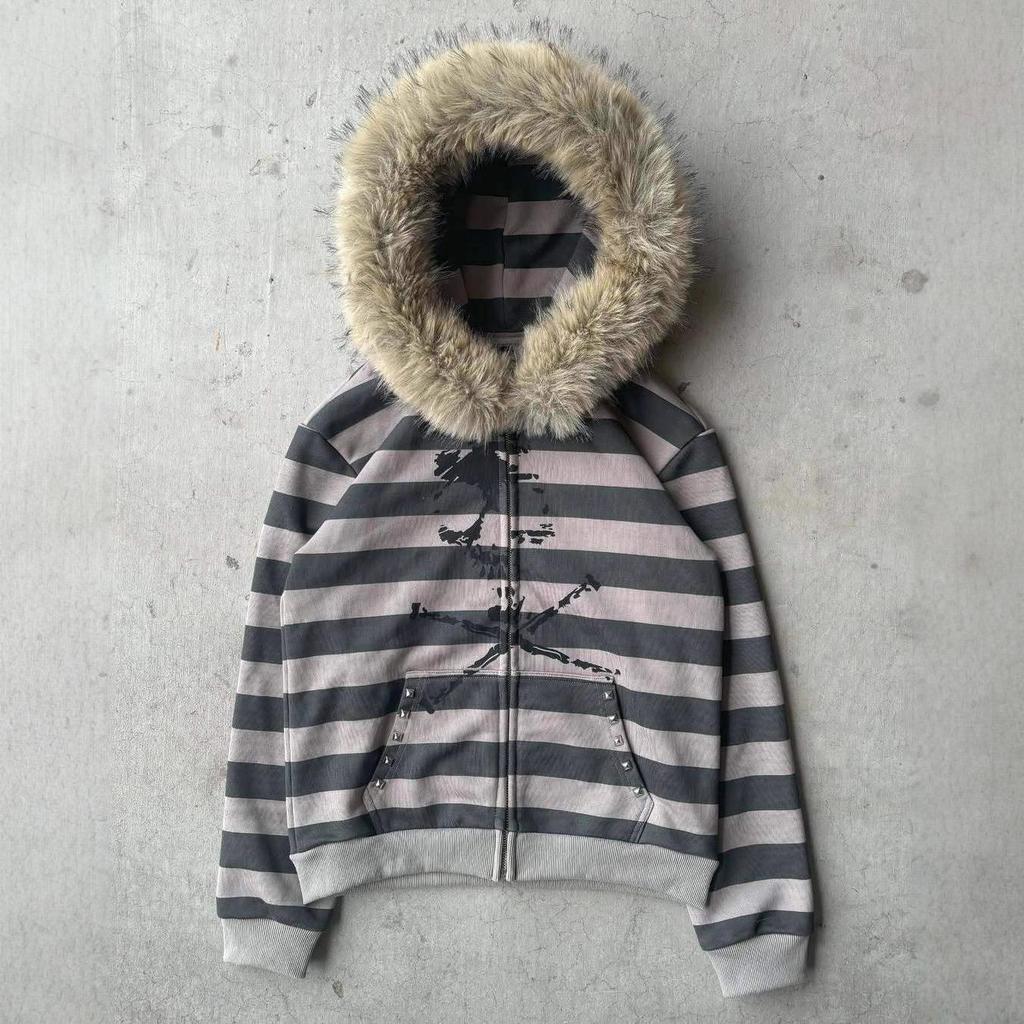 Harajuku Y2k Millennial Hottie Amerikanischer Retro Pelzkragen Patchwork Hoodie Reißverschluss Hoodie Damen Herbst/Winter Hip Hop Reißverschlussjacke