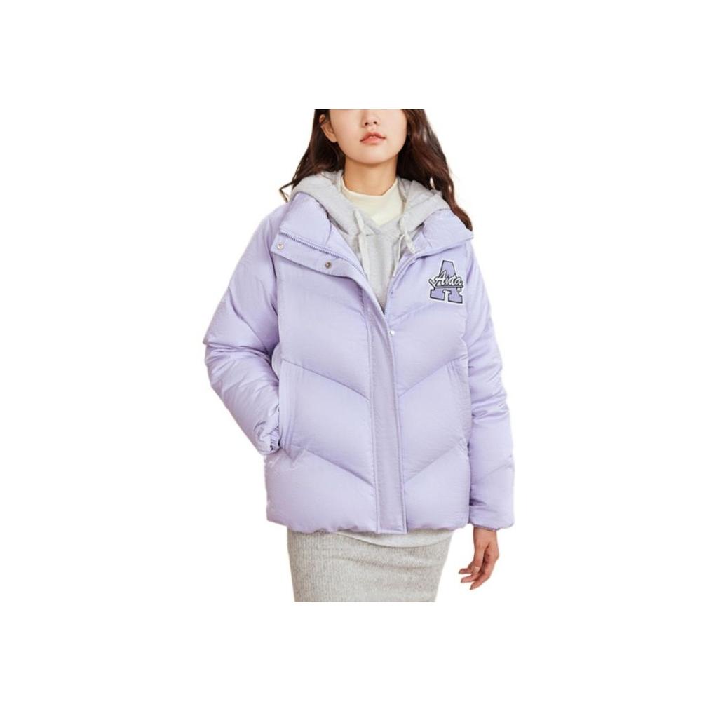 Anta Pattern Printed Zipper Thickened Warm Letter Solid Color Polo Collar Down Jacket Women Outerwear Fresh-Purple 162248903-4
