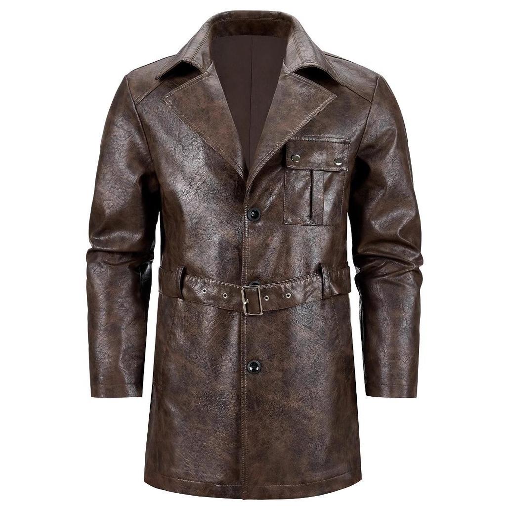 Men's Korean Style PU Leather Mid-Length Windbreaker Jacket