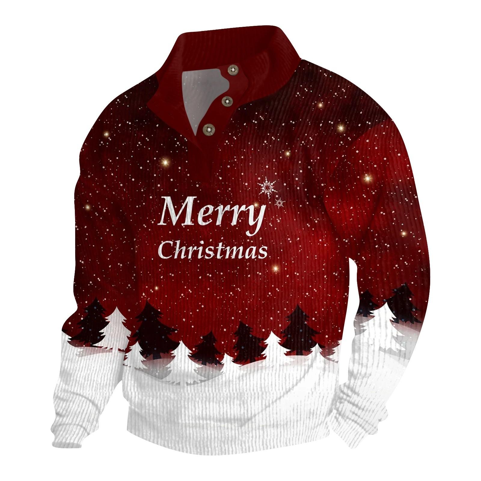 

Мужская рождественская хлопковая рубашка-пуловер с длинным рукавом для активного отдыха, винтажная вельветовая рубашка с воротником-стойкой и пуговицами, повседневная толстовка с рождественским принтом XXL винный