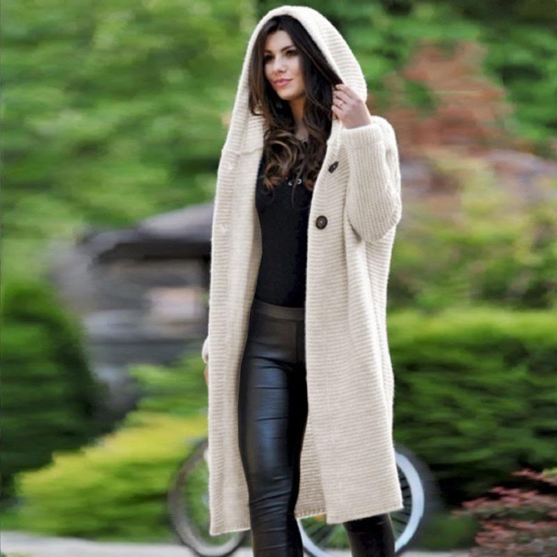 Women's Hooded Thick Knitted Sweater Cardigan Coat Long Sleeve Winter Warm Hooded Cloak