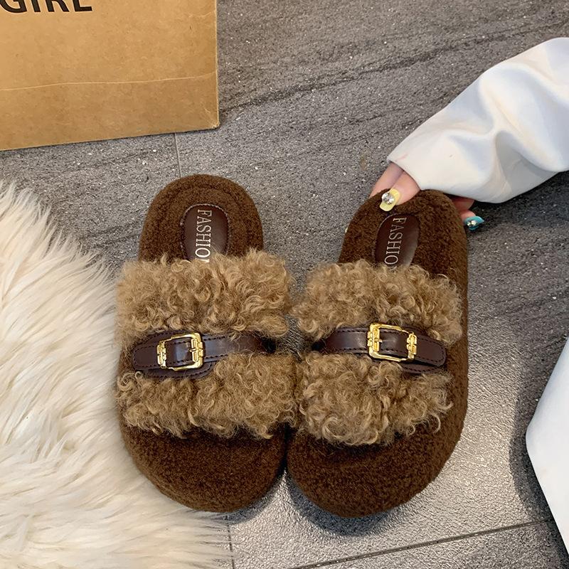 Women's trendy fluffy slippers women's autumn and winter outer wear 2025 new high-end skirt thick-soled lamb plush cotton slippers