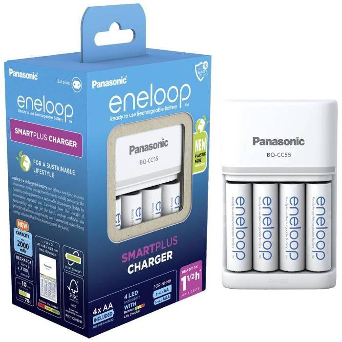 Chargeur De Piles Rondes NiMH Avec Accus Panasonic Smart & Quick BQ-CC55 +4x Eneloop AA