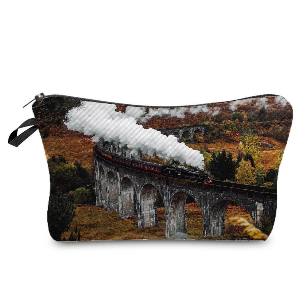 Women Railway Print Cosmetic Bag Toiletries Organize Travel Storage Case 6782