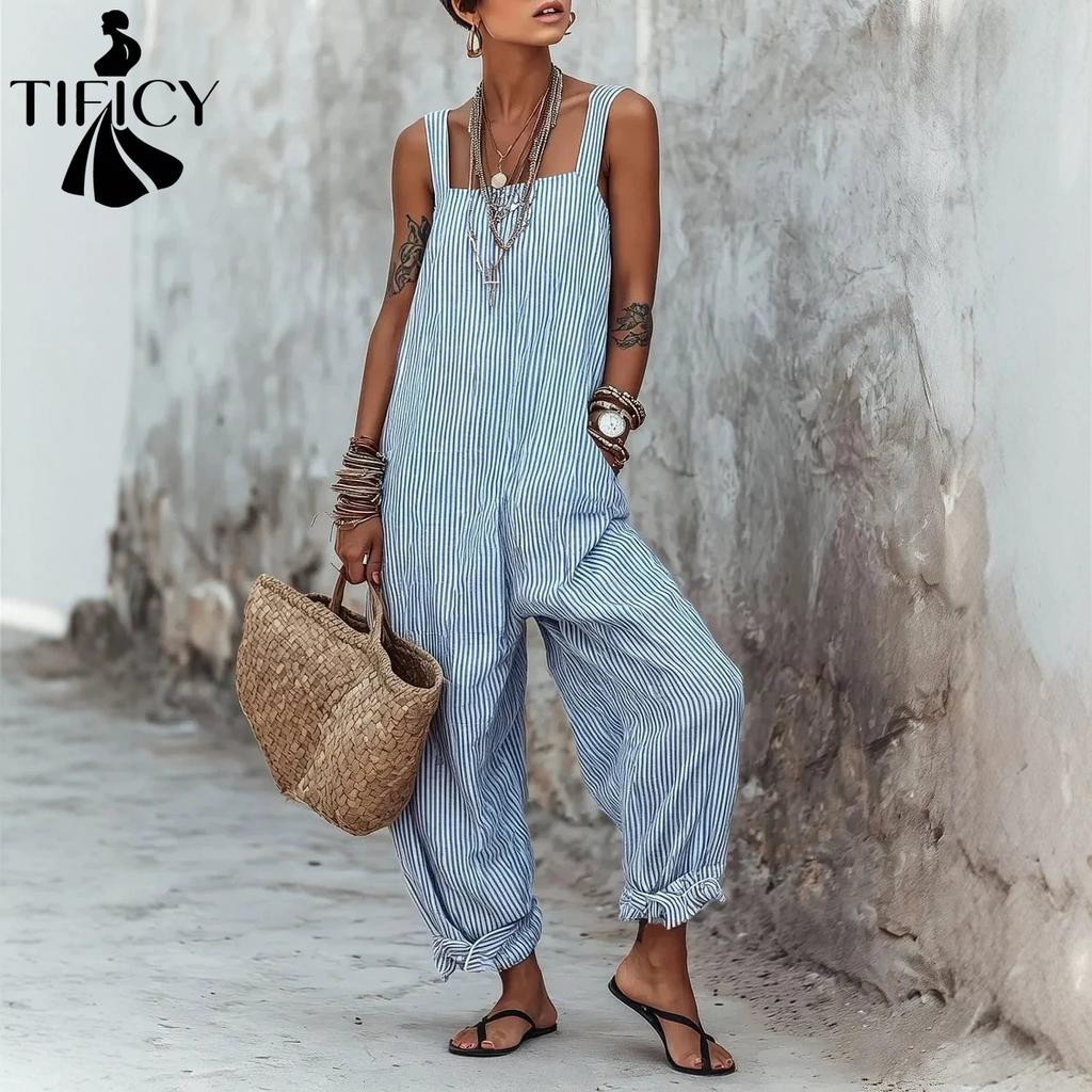 TIFICY Women's Fashion Casual Summer Spring Stripe Print Sleeveless Square Collar Loose Waistline Trousers Jumpsuits & Rompers