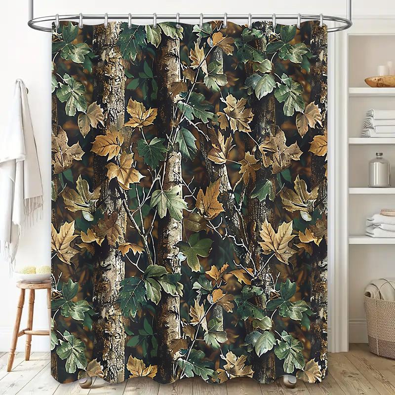 Camouflage Leaf Shower Curtain Dark Green Forest Print for Bathroom Decor Waterproof Fabric Shower Caddy with Rings