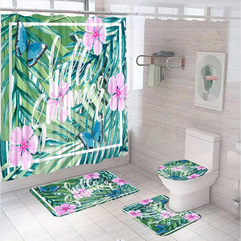Watercolor Plant Floral Shower Curtain Set Country Wild Flower Leaves Bathroom Decor Screen Non-Slip Bath Mat Toilet Rug Carpet
