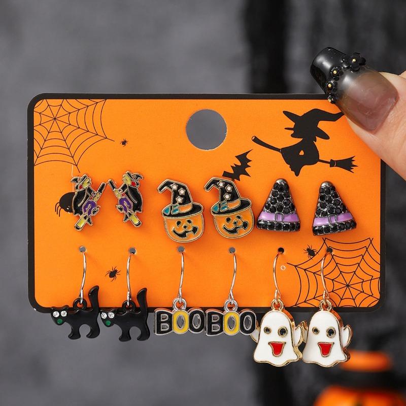 Hot Sale Halloween Stud Earrings Combination Cartoon Funny Pumpkin Head Ghost Bat Element Stud Earrings Set