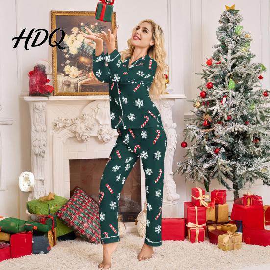 Holiday Women Pajamas Christmas Matching Set Snowflake Print Two Piece Lounge Breathable Loungewear Set Button Down Long Sleeve Top Pants Sleepwear