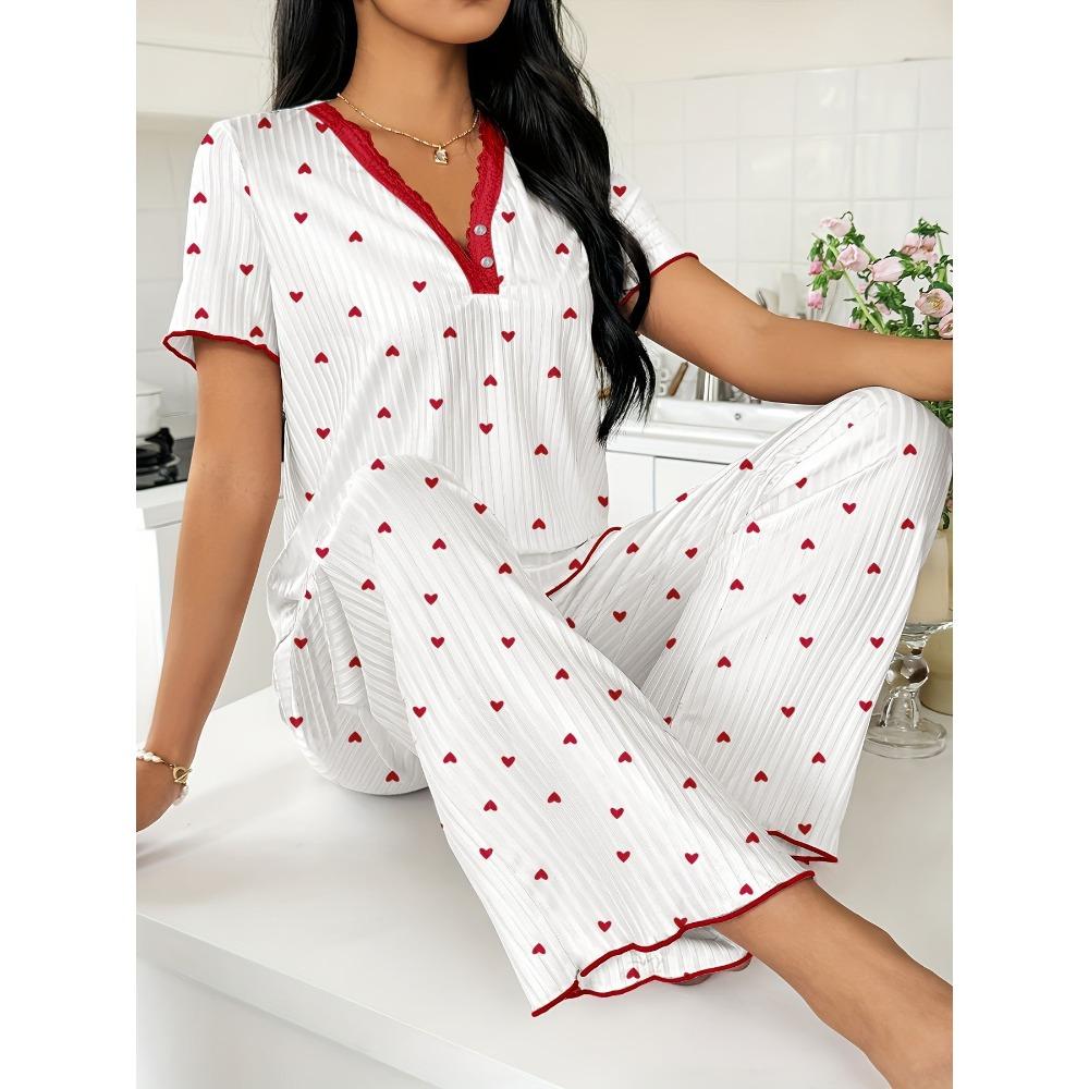 Fashion Women s Two-piece Loungewear Set, Printed Short-sleeve Top & Full-length Pants, Comfortable Sleepwear for Everyday & Relaxation S