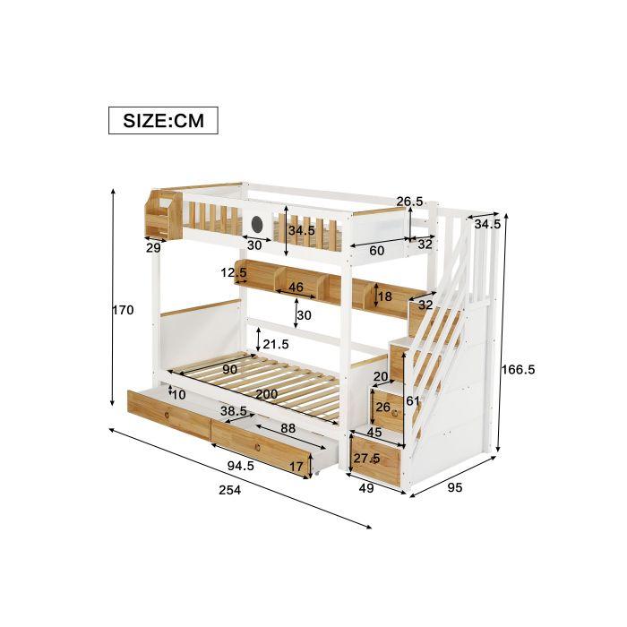 Etagenbett - 90x200 cm - Weiß + Natur - 2 Schubladen - Integrierte Aufbewahrungstreppe
