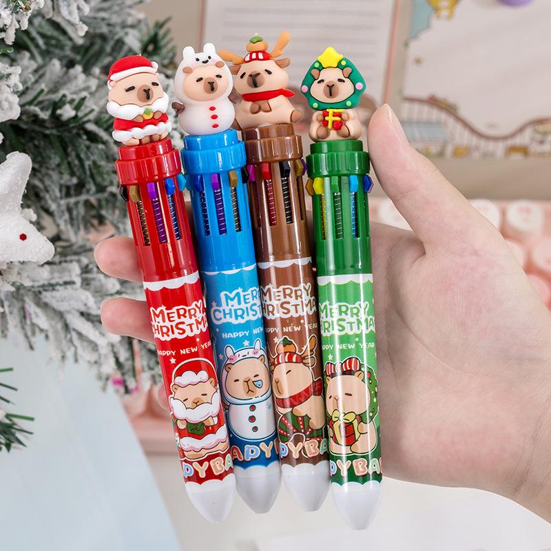 Christmas Capybara 10 Color 0.7Mm Ballpoint Pen Cute Cartoon Santa Claus Snowman Press Pen Handbook Stationery Gifts