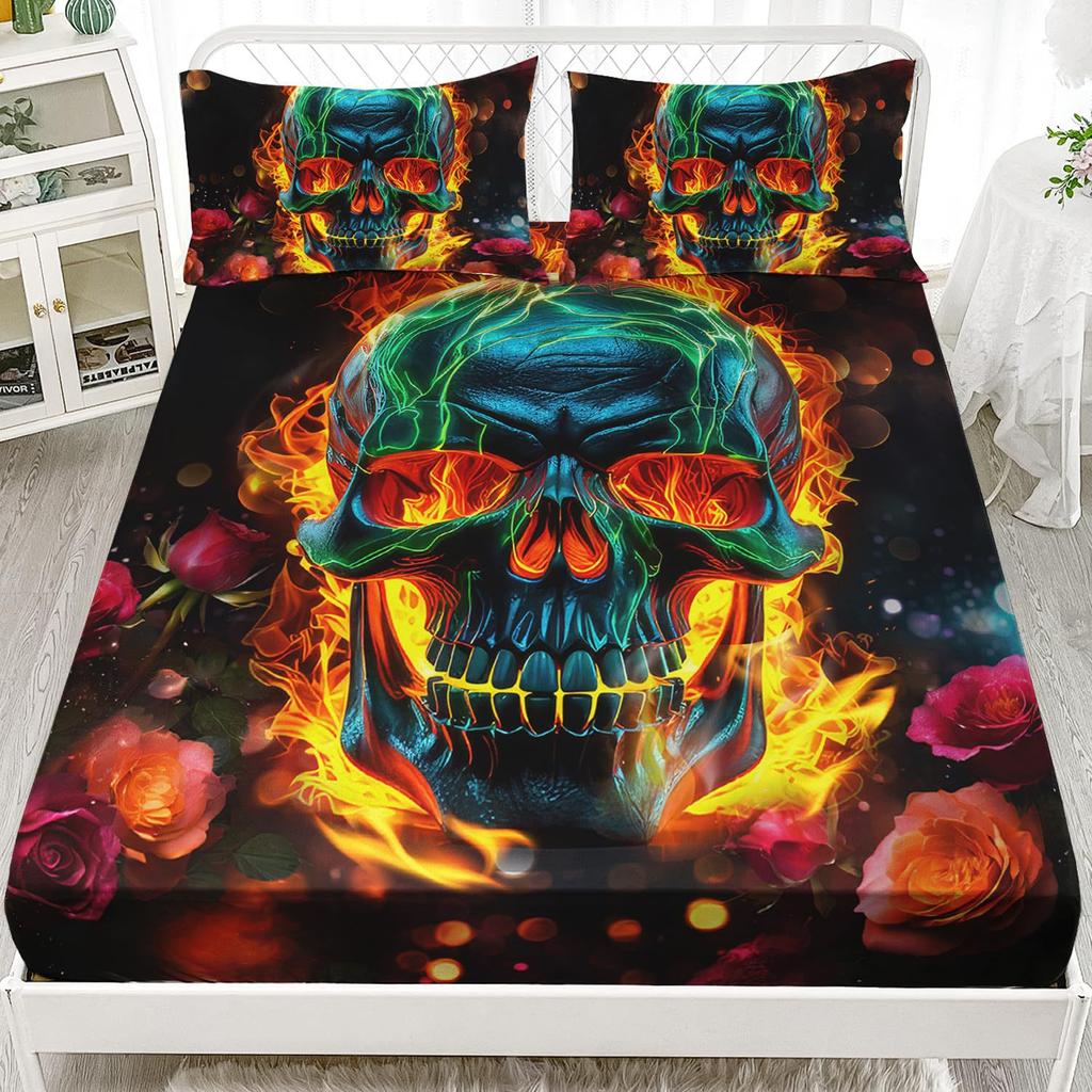 Personalized skull pattern bed hat three-piece digital printing bed hat bedding set adult children