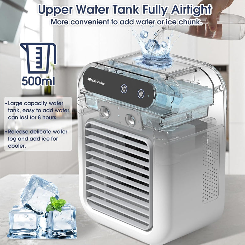 Portable Mini Air Cooler with USB Charging & Spray Humidification, 300ml Water Tank, 3-Speed Quiet Personal Cooling Fan for Home