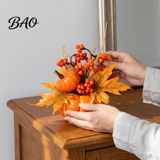 Autumn Mantle Decor Artificial Pumpkin Table Centerpiece with Sunflowers Maple Leaves And Pine Harvest Ornaments Cones, Halloween Foam Ornament,