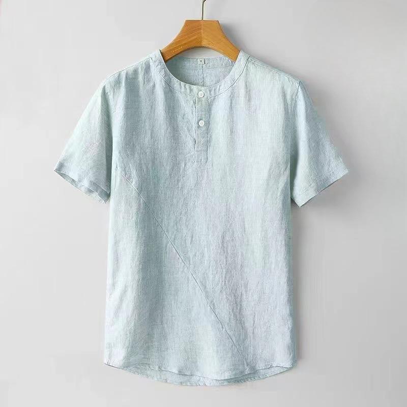 Chinese Style Men's Linen Short-sleeved Shirt Men's Summer Thin Casual Retro Cotton and Linen Pullover Stand-up Collar Shirt
