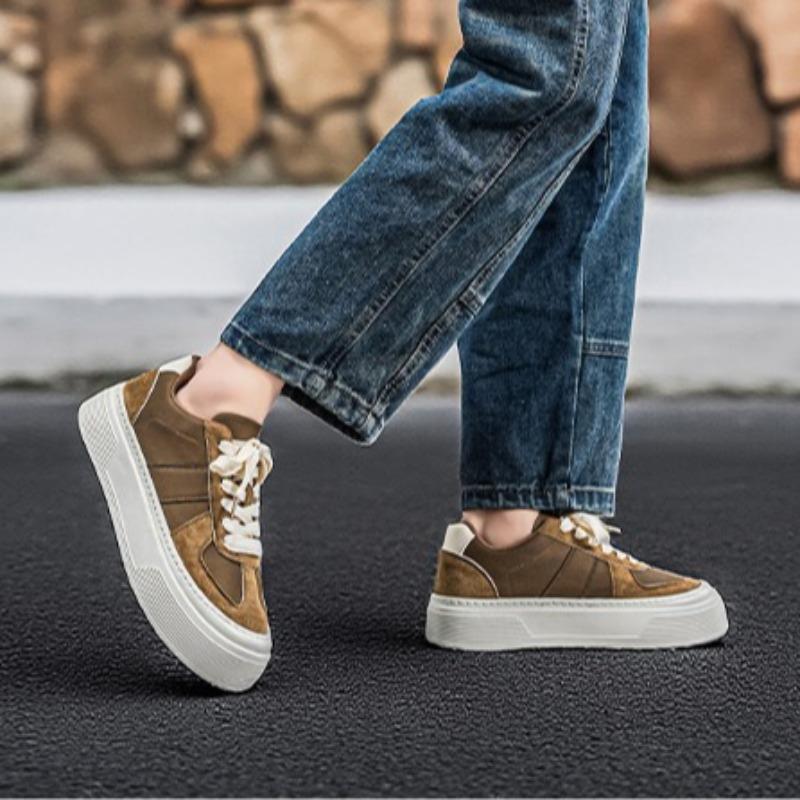 Men Leather German Trainers, Platform Height Increasing Chunky Sole Casual Skate Board Shoes