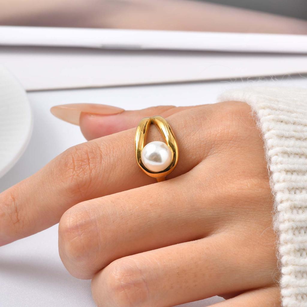 Size 7 Water Drop Imitation Pearl Ring for Women,Gold Plated Stainless Steel Wedding Finger Rings,Elegant Jewelry Gift