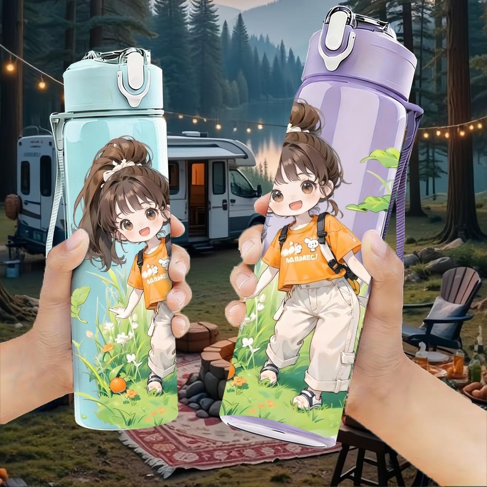 1PC Denim Outfit Girl Grass Background Pattern 750ml Color Plastic Sports Water Bottle Leakproof Flip Straw Lid Suitable for Sports Office Home Use