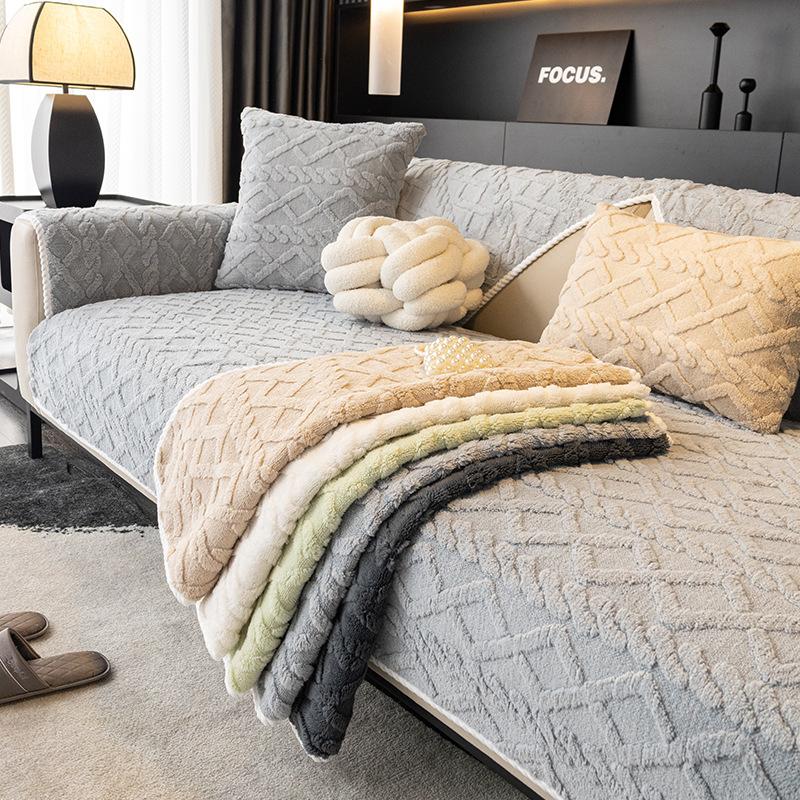 Solid Color Shu Cotton Velvet Sofa Cushion Winter  New Plush Seat Cushion High-End Non-Slip Sofa Cover Cross-Border