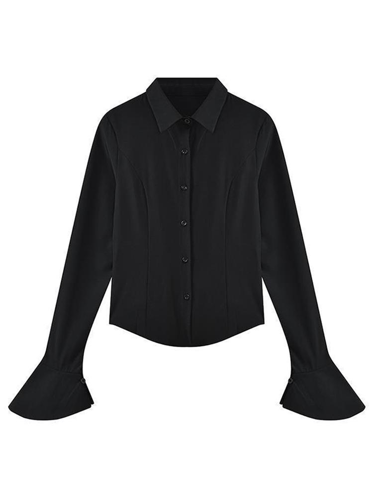 Schlanke ausgestellte Ärmel Damen Hemd solide Revers einreihige Rücken Bandage Tunika Frühling weibliche Blusen