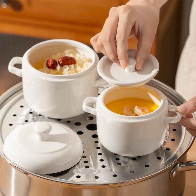 Dual-Handled Ceramic Stew Pot with Lid, Small Double Boiler & Soup Pot, Bird's Nest Stew Bowl, Steamed Egg Cup for Health Cooking.
