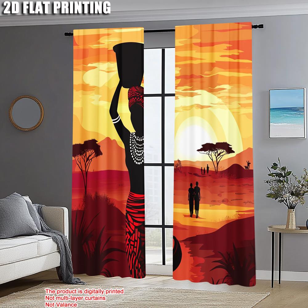 2pcs, Minimalist Curtains 2D print African Woman Fabric (without rod) Home Decor Use for Study, Living Room, Kitchen - Home
