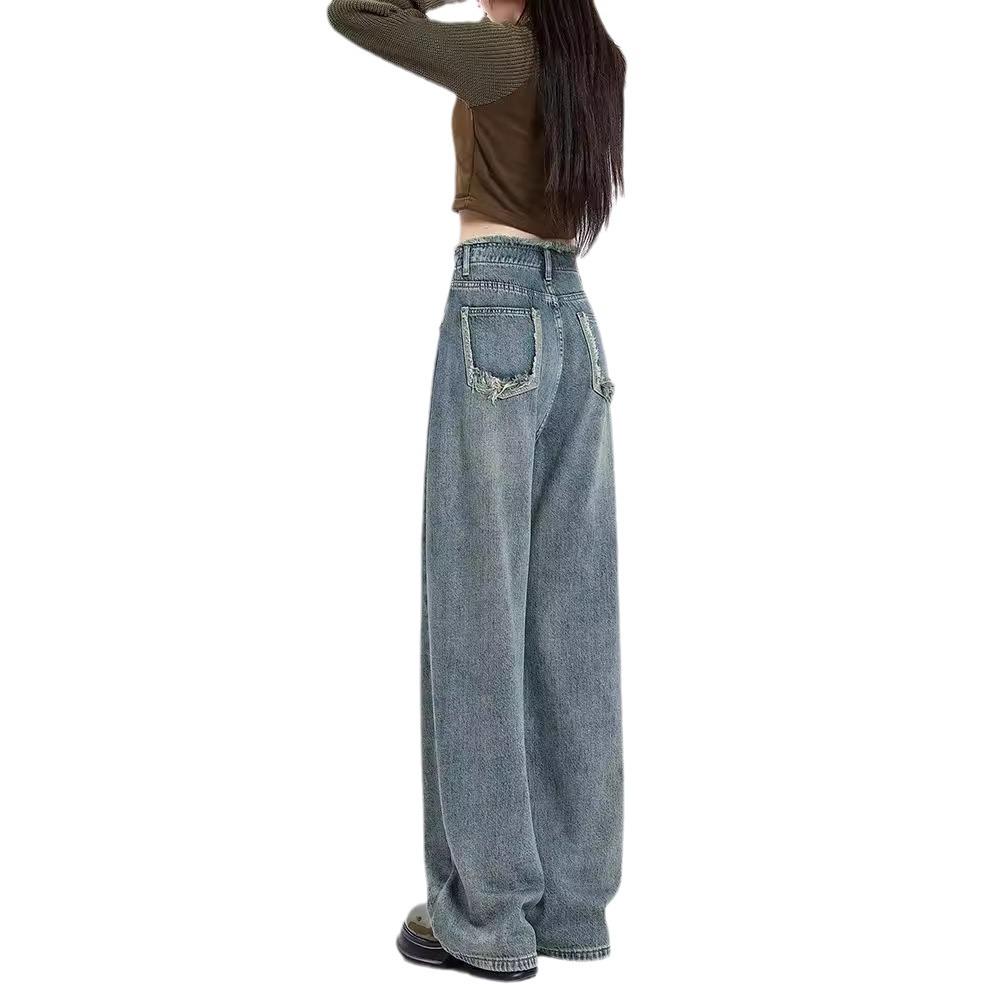 Women's American Retro Wide-Leg Jeans, High Waist, Straight Loose Fit, Floor-Length, Spring/Autumn 2023 Design 