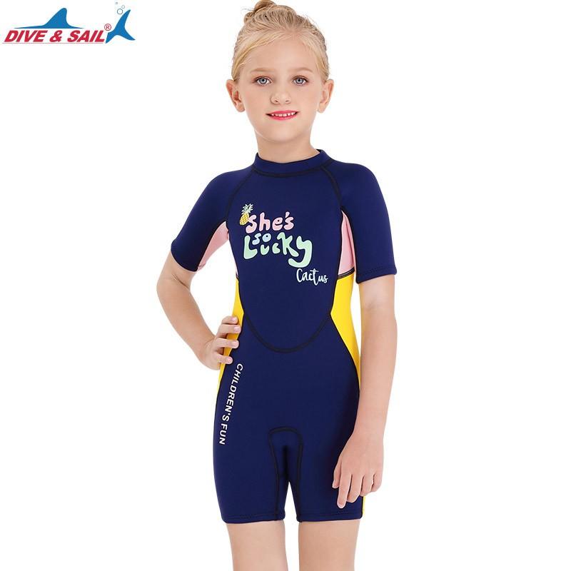Traje de neopreno de 2,5 mm para niños, traje completo de manga corta para niñas, para snorkel, surf, natación, deportes acuáticos