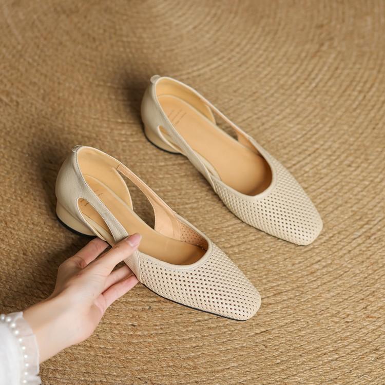 2025 spring and summer new versatile niche hollow hole single shoes explosion low heel soft leather square head explosion soft sole women's shoes