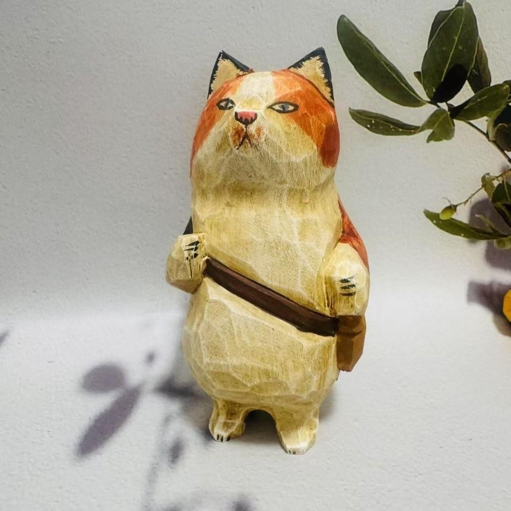 Cartoon Wood Carving Cat Ornament Handmade Hand Engraving Cat Decorations Gift Giving