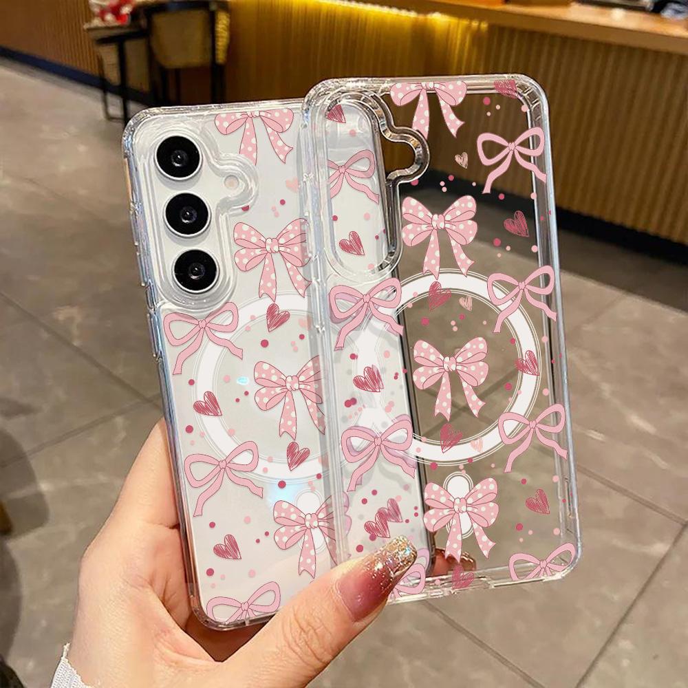 Pink Bow Magnetic Phone Case For Samsung A56 5g A57 A37 A17 A07 A16 A06 A15 A55 A54 A35 A26 S26 Ultra S25 S24 Shockproof Bumper