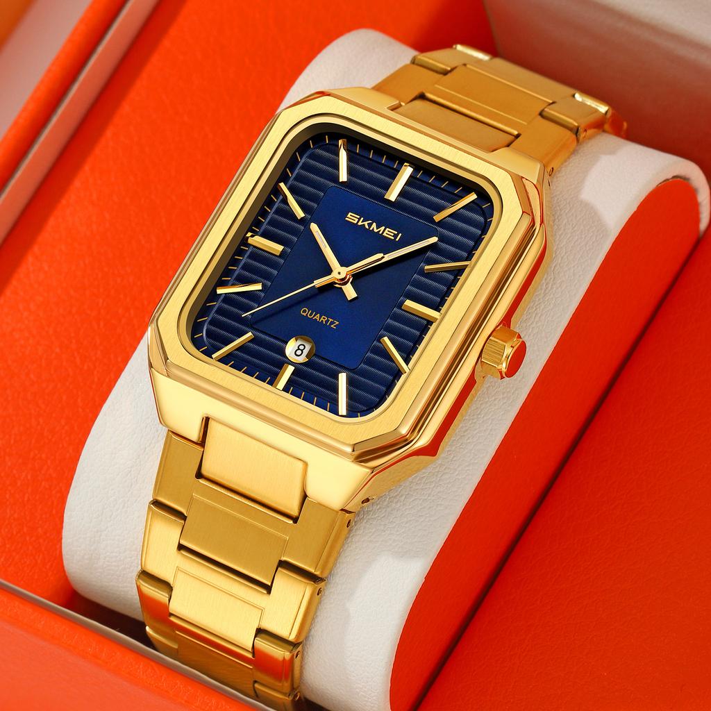 SKMEI Luxury Business Square Quartz Watches Classic Stripe Design Dial with Stainless Steel Band Wristwatch for Men