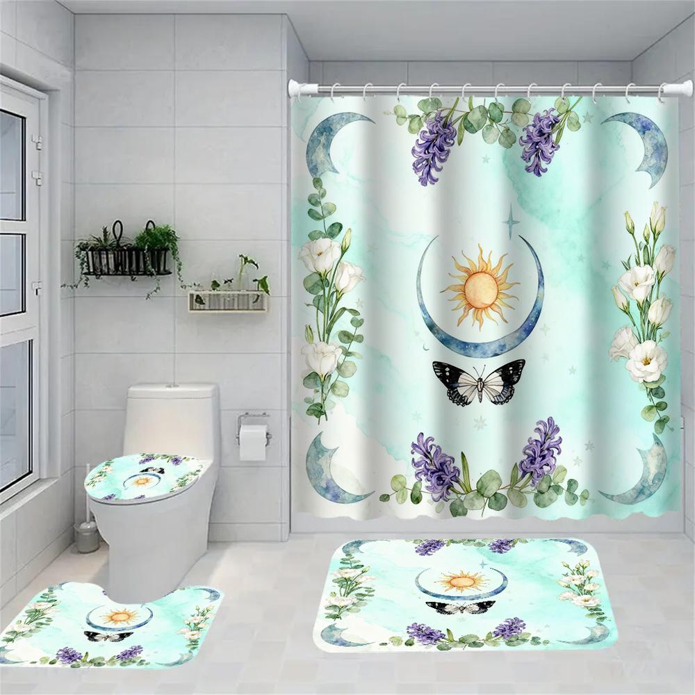 1/4 Marine Organisms Print Shower Curtains, Toilet Seat Decoration, Shower Curtain with Carpet and Toilet Lid, 70.8x70.8 Inch