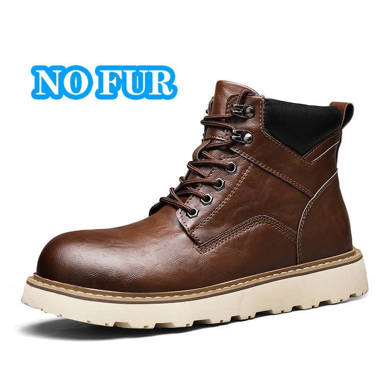 Herbst Winter Warme Plüschfell Winterschuhe Neue Schnürung Herren Freizeit Leder Motorradstiefel Dicke Sohle Rutschfest Männliche Knöchel-Botas