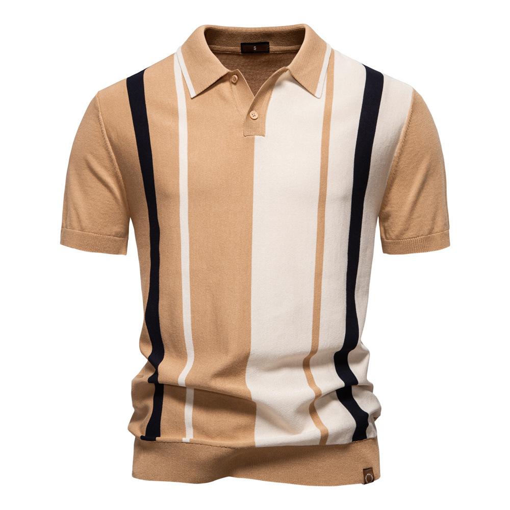 

2025 Summer New Men s Lapel Short Sleeved Knitted Polo Striped Patchwork Plus Size Short Sleeved Polo Shirt for Men XXL