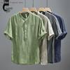 Retro Japanese Men's Crinkled Linen Shirt - Solid Color Short Sleeve with Stand Collar