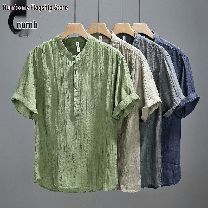 Retro Japanese Men's Crinkled Linen Shirt - Solid Color Short Sleeve with Stand Collar