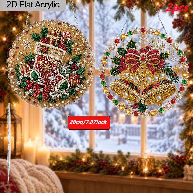 2D Flat 2Pcs Christmas Stocking & Bell Pearl Diamond Painting Suncatcher Kit, 7.87Inch, DIY Christmas Decorations Craft, Pre‑Attached Metal Chain